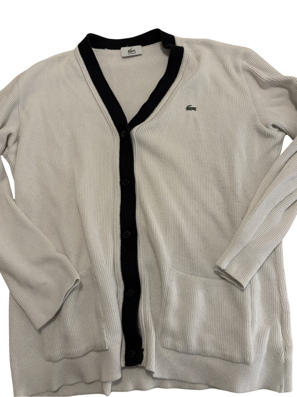 Lacoste white ribbed cardigan with black trim and embroidered logo